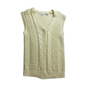 Vintage Grand Tier Womens Cream Cable Knit V Neck Button‎ Vest Sweater Size L